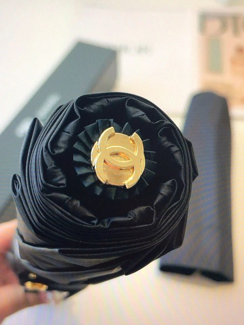 CHANEL Black Compact Umbrella with Blue Rose Handle